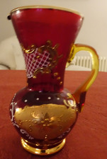 Vintage Bohemian Red Glass Jug With Gold Rim