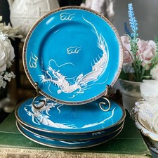 Japanese Hand Painted Plates x4 Dragon Ware Hand Painted HP by Hayasi Teal Blue