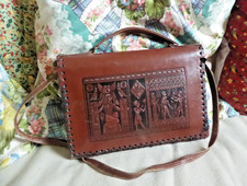Vintage 1950s Brown  Egyptian Embossed Leather HandBag Shoulder Bag Satchel