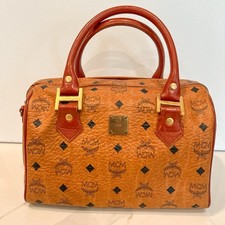 MCM Visetos Mini Boston Bag Brown Leather Top Handle Satchel 