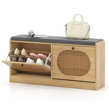 Natural Rattan Shoe Rack Stand Shoe Storage Bench with Seat Cushion