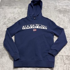 Napapijri Men’s Hoodie Large Navy Blue Pullover Logo Sweatshirt Casual Graphic
