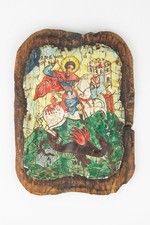Vintage Russian Icon of Saint George Slaying Dragon on Old Wood - Wall Hang