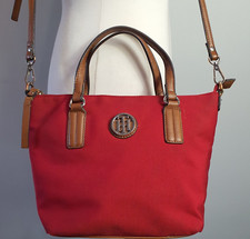 TOMMY HILFIGER Textile Crossbody Bag Tote Multiway Tan Leather Trim Logo Badge