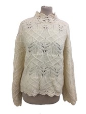 Per Una Women's Jumper Ecru Wool Mix Open Knit Scalloped Hem Stretch New F1