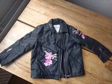 Biker Chic Black with Stitched Pink Roses  Biker Jacket Collar Studs Lined 5 yrs