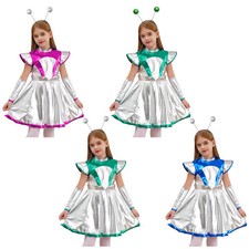 UK Girls Alien Costume Halloween Outer Space Fancy Dress w/Arm Sleeve Hair Hoop