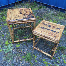 PAIR Vintage Scorched Bamboo Side Tables Plant Stand Boho Chic Tiger Cane