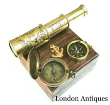 Antique Compass Vintage Brass Chrome Nautical 2" Inch Wooden Box Steampunk Retro