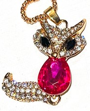 Fashion Jewelry Hot Pink Stone Clear Rhinestones Dark Eye Fox Gold Tone Necklace