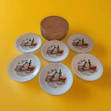 Rare Find L'Hirondelle 6 Porcelain La Raclette Cheese Plates in Basket