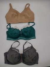 M&S Women 3pcs Bra Bundle Size 34D Underwired & Wireless Beige Grey Green New F2