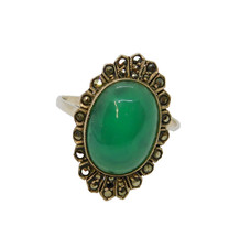 .935 Silver Green Hardstone & Marcasite Art Deco Ring Antique c1930 Size P