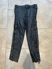 Vintage Black Leather Lace Up Motorcycle Biker Trouser Laced Motorbike Jeans 36”