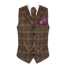Plaid Lapel Wool Waistcoat Classic 5 Button Tailored Fob & Hankie Pockets