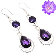 African Amethyst Gemstone Handmade 925 Sterling Silver Jewelry Earrings 1.90"