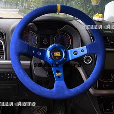 350mm Blue Suede Leather Deep Dish Racing Steering Wheel Fit MOMO Hub OMP hub