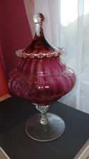 Vintage Cranberry Glass Covered Compote Candy Dish