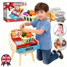Mini Toy Cash Register Wooden Checkout Till Sound Working Scanner Kids Gift UK