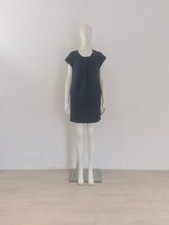 GOAT Blue Wool Pleat Dress UK 10 EU 38 Round-Neck Swing Shift Cap-Sleeves