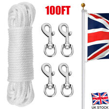 100ft 5MM White Flagpole Halyard Rope Flag Pole Rope with 4 Pcs Metal Hooks UK