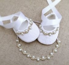 Girl Baptism Shoes in White Christening Shoes with Rhinestones Pearls, Tiara