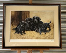 Lovely Limited Edition Print Of A Black Labrador With Puppies By John Trickett