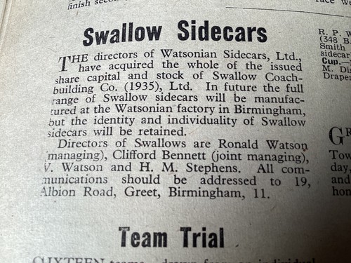Watsonian swallow sidecars - watsonian/swallow,
