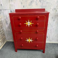 Vintage Early 20thC Red Ornate Painted Chest of 2 Over 4 Drawers Straight Legs