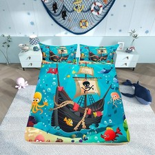 Cartoon Pirate Ship Fitted Sheet Twin Size Marine Adventure Bedding Set Girls...