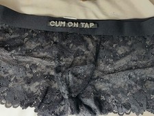Wow! Man ‘Cum On Tap’ Lacy Pouch Panties Or You Choose The Rhinestone Text.