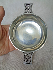 LARGE VINTAGE SCOTTISH PIPER POLISHED PEWTER CELTIC REVIVAL QUAICH
