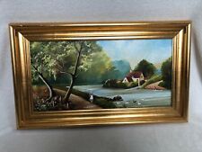  A Beautiful Rural Country Scene Overlooking a Lake - Oil On Canvas Painting 
