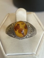 Vintage Sterling Silver Celtic Or Medieval Design Amber Cabochon Ring Size S