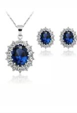 Silver Kate BLUE Sapphire Pendant Chain Necklace Earring Jewelry Set 