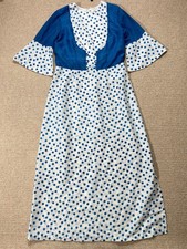 Vintage 70s Midi Dress Womens Size 10 UK Blue White Bell Sleeve Hippy Boho Polka