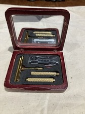 Gold Plated  Travel Shaving Set , Wooden Presentation Box ,