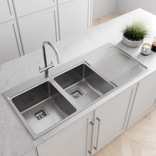 Kitchen Sink 2.0 Double Bowl RH Drainer Stainless Steel Modern Inset Waste Kit