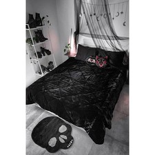 Killstar Jet Black Velvet Bedspread Quilt Quilted Blanket Throw Double