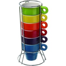 SET OF 6 COLOURED CERAMIC MINI ESPRESSO COFFEE MUG CUP WITH CHROME STAND 