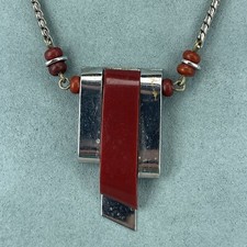 Jakob Bengel necklace art deco machine age Galalith red silver tone classic 20''