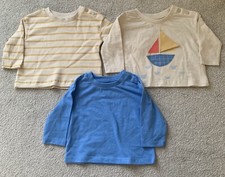 M & S Baby 3 Pack t-shirts 0-3 mths Cotton Beige/Blue Boat/Stripe/Plain Preloved