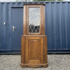 Antique Oak & Pine Corner Unit With Key, Leaded Glass Door Cabinet With Shelving