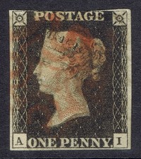 GB QV SG2 - 1d PENNY BLACK - RED MX - NEARLY 4 MARGINS - 1840 STAMP - cv £425