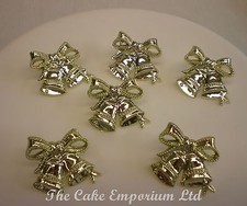 GOLD  WEDDING BELLS & BOWS CAKE TOPPER ORNAMENTS 32mm 3PK -6PK -12PK  