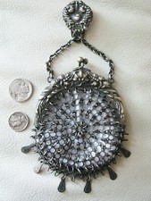 Antique Silver Floral Chatelaine Belt Clip Fancy Chain Mail Kilt Coin Purse