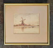 Lovely Vintage Watercolour Print - Riverscape, Windmill and Rowing Boat - Turner