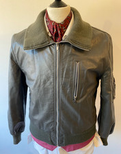 VINTAGE mens GERMAN HEAVY GREY LEATHER ZIP-UP AVIATOR FLYING JACKET 42"
