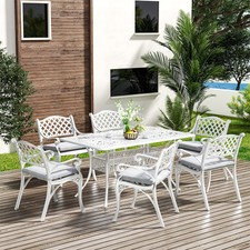 Set of 7 Cast Aluminium Bistro Garden Furniture Table and 6 Chairs w/Cushions
