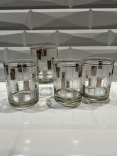 4 Vintage Culver Plaid Mosaic Gray Mirrored Old Fashioned 12 oz glasses Gold